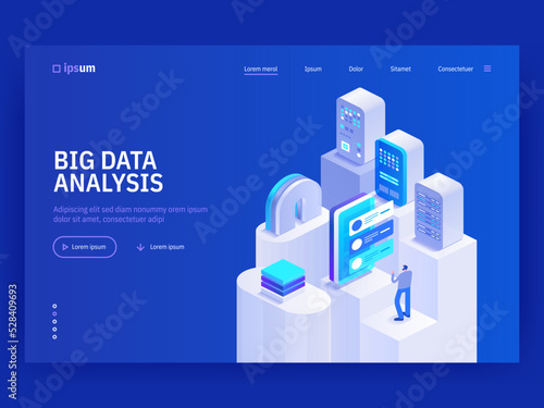Big data analysis website landing page template. Abstract 3d datacenter. Network mainframe infrastructure. Computer storage or farming workstation. Isometric vector illustration.