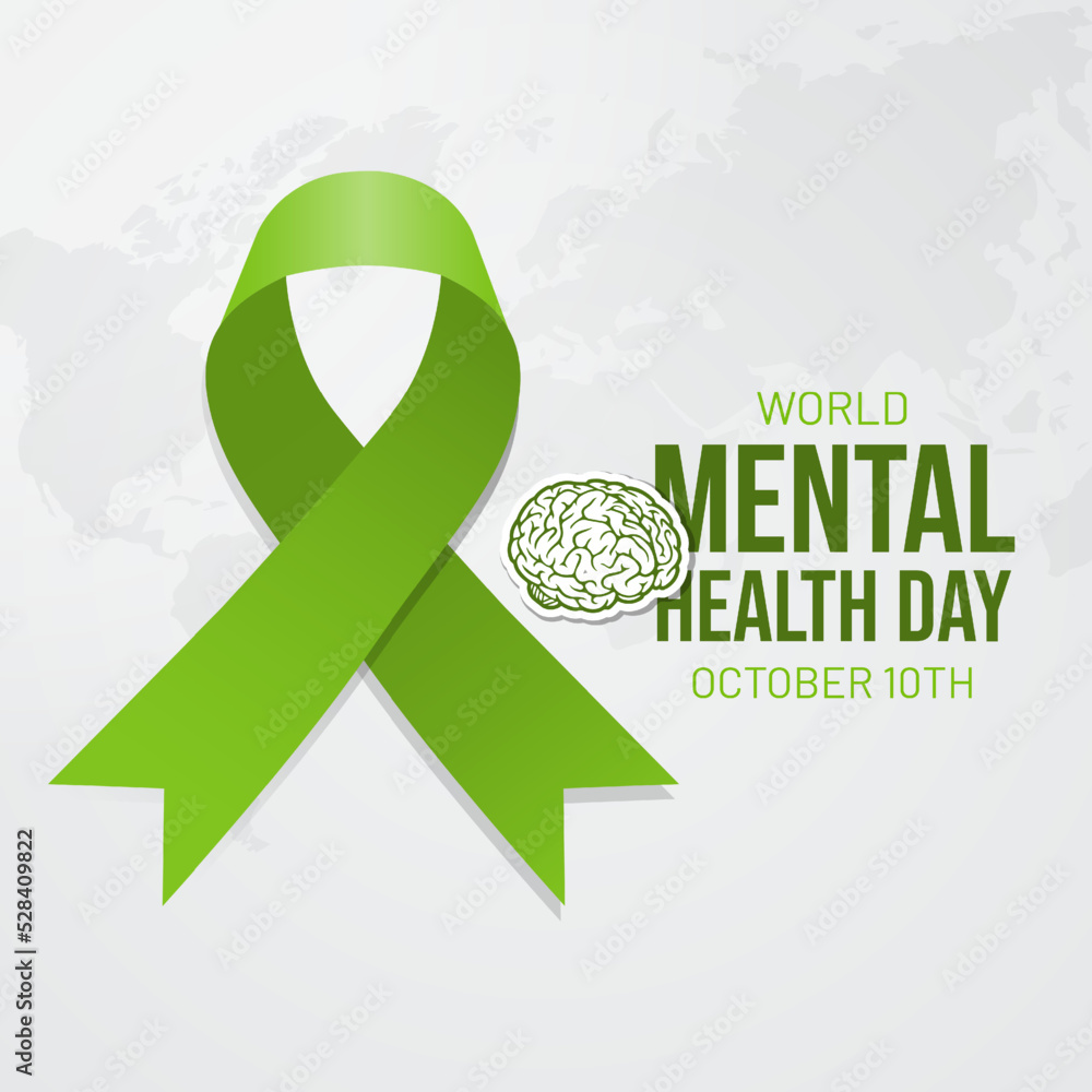 World Mental Health Day October 10th with a green ribbon and maps illustration on isolated background World Mental Health Day October 10th with a green ribbon and maps illustration on isolated background