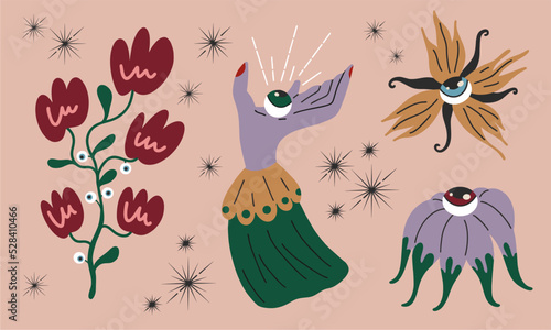 Vector vintage cartoon elements collection, magic shop for witches concept, wizard character set. hand drawn fairy tale elements