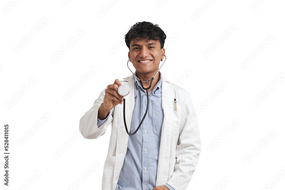 Portrait of a young peruvian male doctor using the stethoscope. Isolated over white background. Portrait of a young peruvian male doctor using the stethoscope. Isolated over white background.