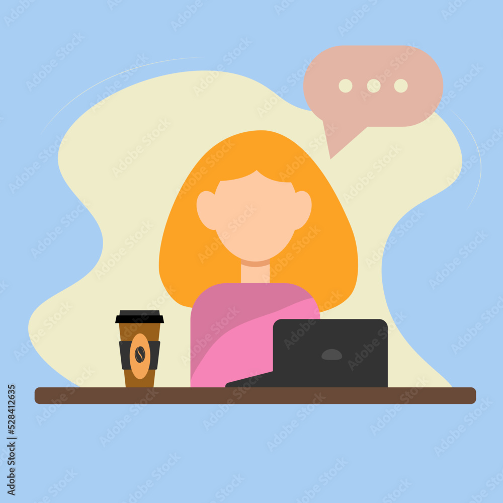 Woman flat working from home or office on computer with cup of coffee