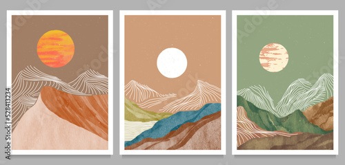 set of creative minimalist hand painted illustrations of Mid century modern. Natural abstract landscape background. mountain, desert, forest, sea, sky, sun and river
