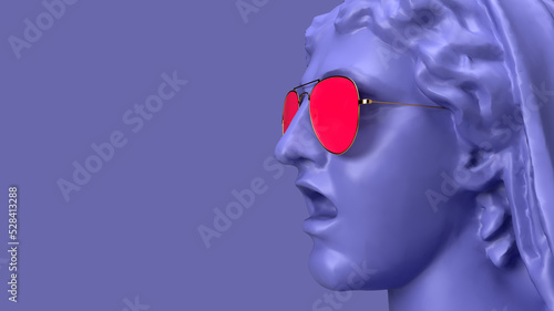 3d render, Very Peri color violet close-up of a woman's face in pink glasses with an open mouth