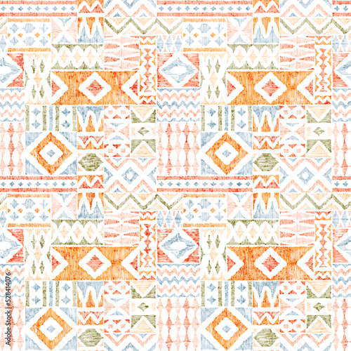 Seamless bohemian pattern. Patchwork ornament for home decor, textiles, carpets, pillows. Ethnic and tribal motifs. Grunge vintage texture. Vector illustration.