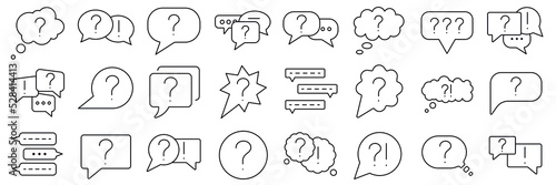 Chat question bubbles and answer icon set. Simple Set of  24 question Related Vector Line Icons. Ask help sign. Faq questionnaire symbol.