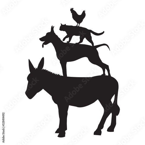 Silhouettes of farm animals as Bremen town musicians. Vector illustration on white