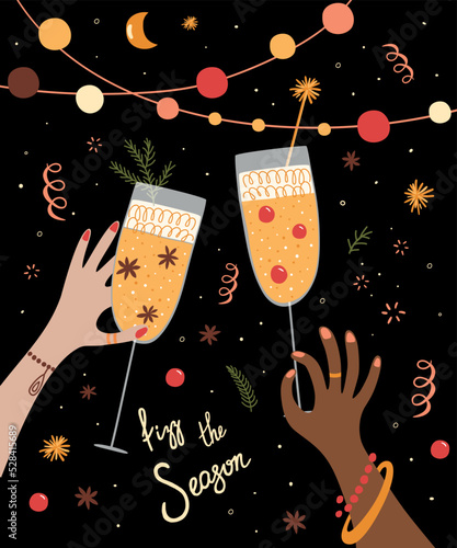 Cheers champagne. Champagne girl. Champagne glasses toasting. New Year or Merry Christmas party celebration. Girls party celebration. Woman hands holding glass of champagne. Vector Illustration.