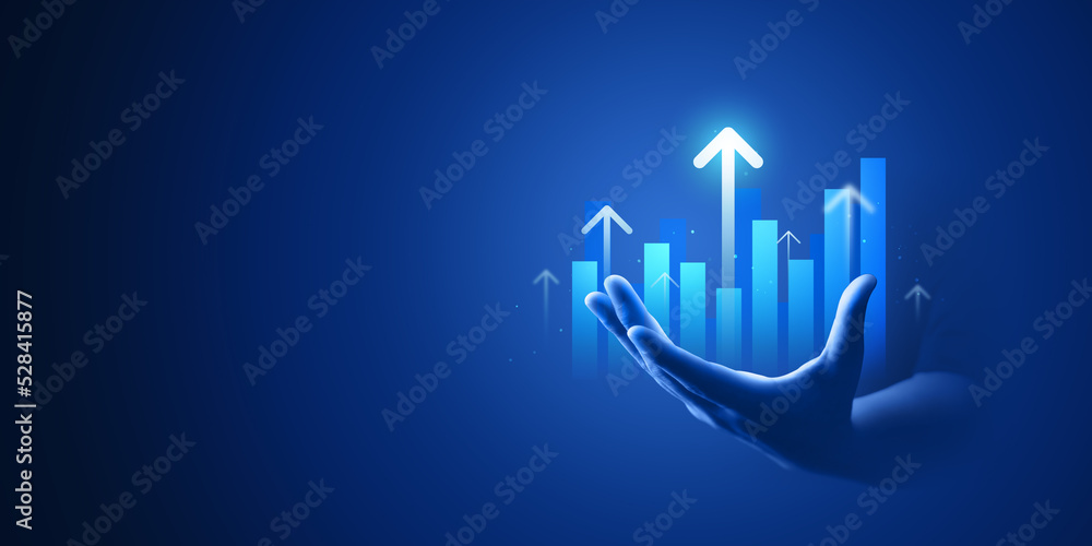 Businessman hand plan growth business graph financial chart on improvement blue background with success investment diagram marketing strategy or increase arrow stock profit data and analysis market. - obrazy, fototapety, plakaty 