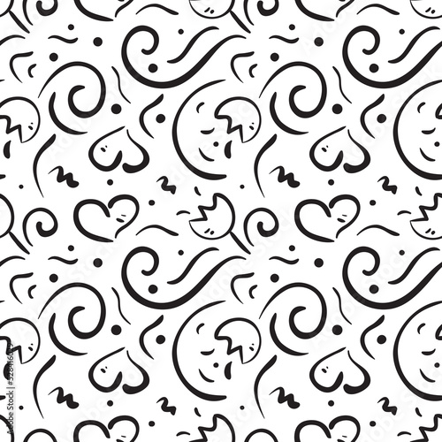 Hand drawn seamless pattern with hearts and flowers. Vector illustration.