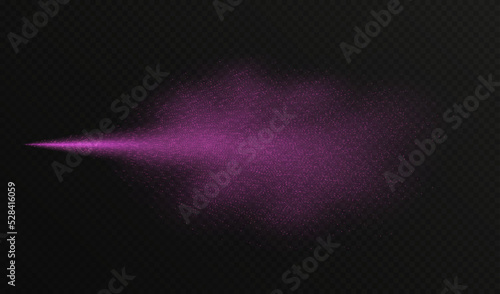 Pink spray mist with glitter particles, fashion shimmer freshener with haze isolated on a dark background. Realistic vector effect. Luxury scent template.