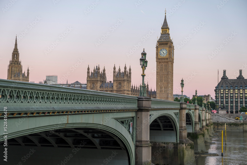 Parliament London and Westminster Bridge at dawn