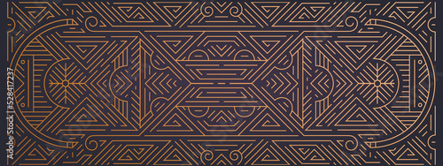 Vector abstract geometric golden background, gatsby style pattern. Art deco wedding, party, geometric ornament, linear style. Horizontal luxury decoration element, banner, gold and black.