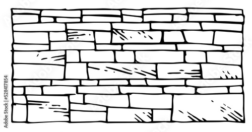 Wall of flat even stone. Masonry in construction of houses and fences. Natural building material. Hand drawn outline sketch. Isolated on white background. Vector.
