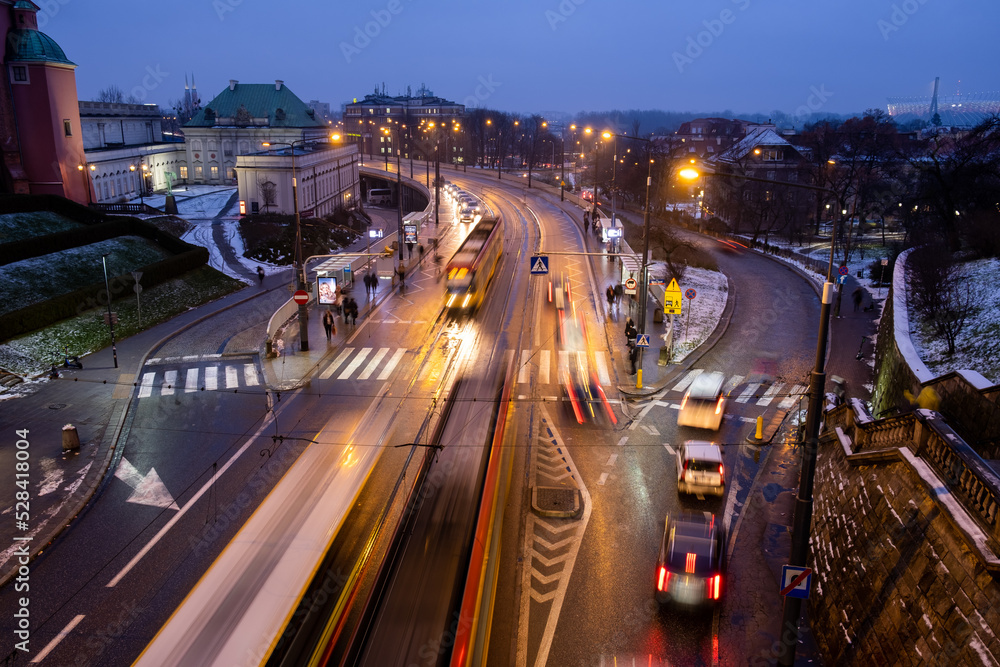 Night traffic on central Warsaw`s streets. Poland