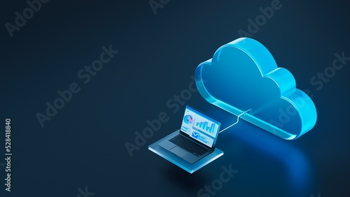 3D illustration: Laptop Computer Connected to a Cloud. Concept of Cloud Computing, Virtualization and Cloud Storage. Dark Blue Background.