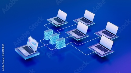 3D Isometric illustration: Laptop Computer Connected to Networks of Computers. Concept of Remote Management, Computing, Virtualization and Peer-to-Peer Solutiuons.