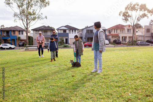 Group of people in a big lawn with one girl holding a cat on a leash photo