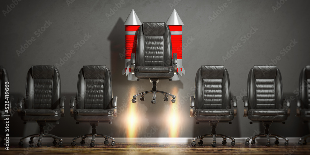 Flying office chair with burning rocket in a row. Leadership recruiting and career opportunities concept. Stock Illustration Adobe Stock