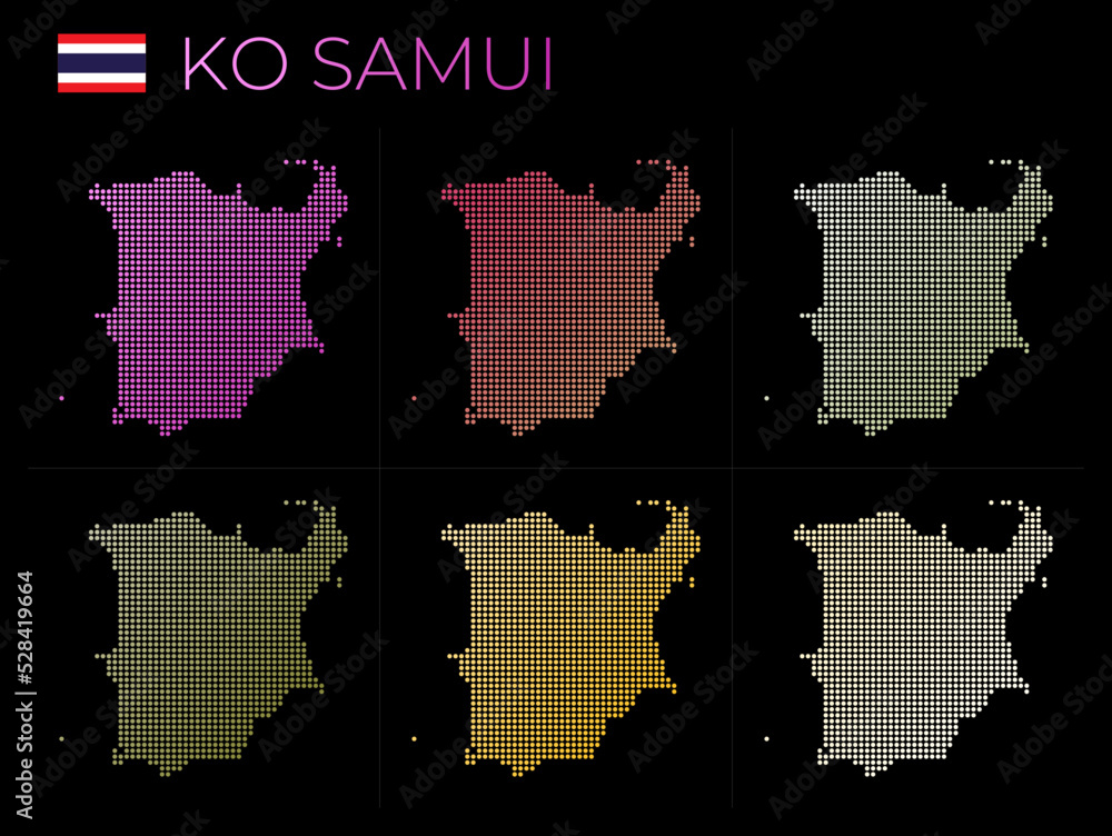 Ko Samui dotted map set. Map of Ko Samui in dotted style. Borders of the island filled with beautiful smooth gradient circles. Authentic vector illustration.