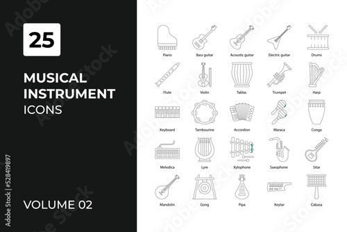 Music Instrument icons collection. Set contains such Icons as 	accordion, acoustic guitar, bass guitar, and more.