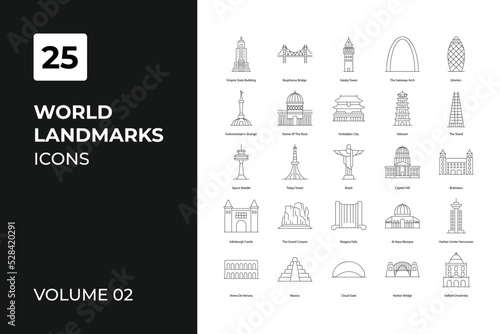 Work Landmark icons collection. Set contains such Icons as America, Amsterdam, Athens, Austria and more.