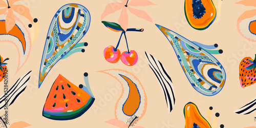 Modern exotic flowers and fruits pattern. Collage contemporary seamless pattern. Hand drawn cartoon style pattern.
