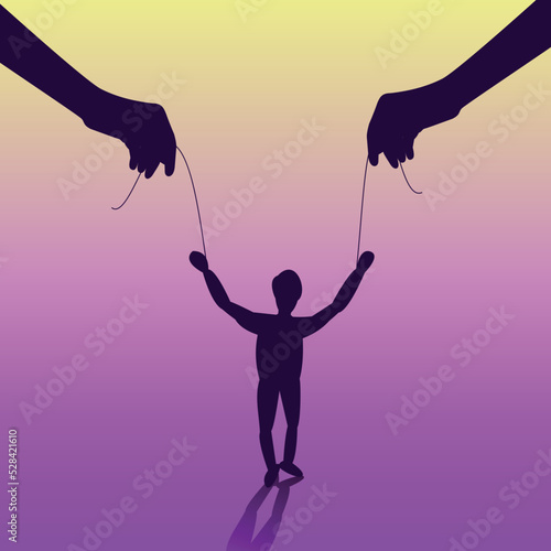 Manipulator’s hand controlling puppet. A puppeteer abuses a man. Unhealthy toxic relationships, abuser doll, boss manipulator control. Manipulation concept. Vector