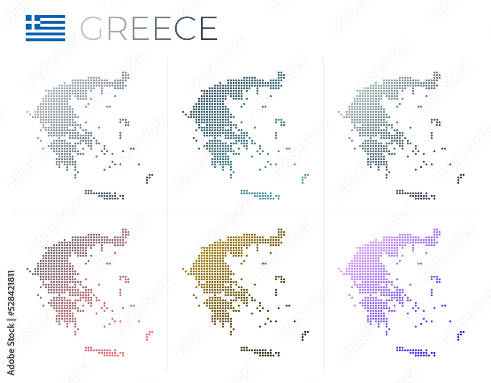 Greece dotted map set. Map of Greece in dotted style. Borders of the country filled with beautiful smooth gradient circles. Powerful vector illustration.