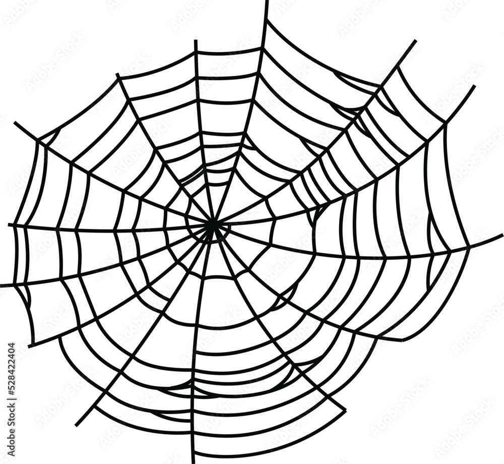Fototapeta premium Cobweb. Halloween monochrome spiderweb, black silhouette isolated circle object, hand drawn contour element, spooky autumn horror holiday graphic, scary party decor, vector illustration