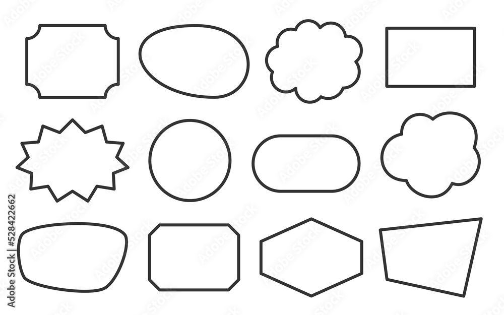 Speech bubble geometric shapes black line set. Outline cartoon abstract blank template for message balloon, note text box, price tag label, paper memory sticker, think cloud frame, web banner, badge Speech bubble geometric shapes black line set. Outline cartoon abstract blank template for message balloon, note text box, price tag label, paper memory sticker, think cloud frame, web banner, badge