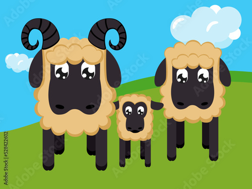 Geometric stylized sheep family in cartoon colorful valley