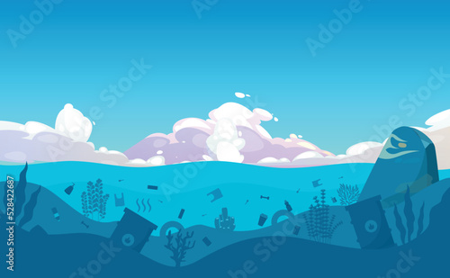 Illustration of dirty underwater surface with different kind of garbage, sky, big cloud, fauna, coral reef, seaweed, algae, plants. Silhouette polluted ocean surface