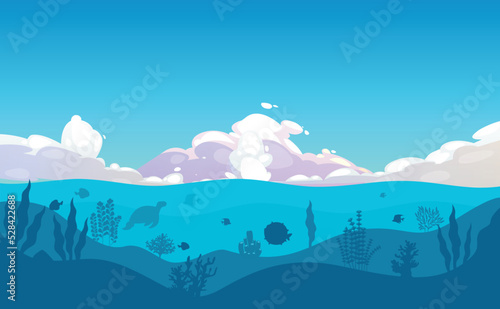 Illustration of underwater surface with sky, big cloud, fauna, coral reef, seaweed, algae, plants, fishes. Silhouette ocean surface
