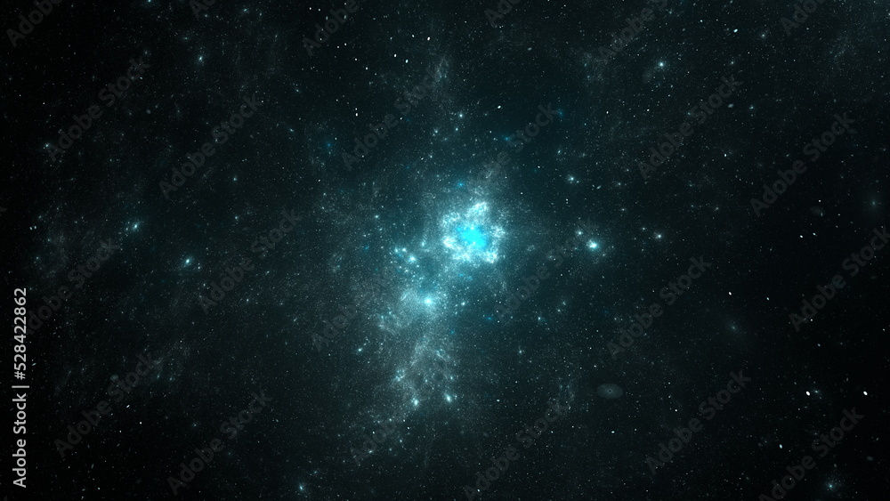 Distant space, billions of stars, planets and galaxies in the universe. The light of distant stars in deep space, a journey through the universe. 3d render