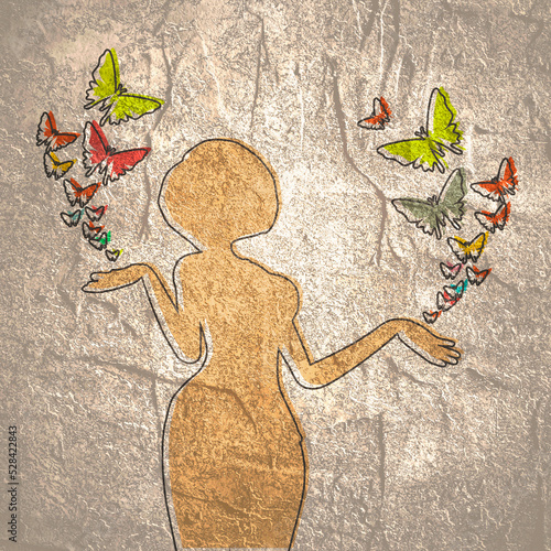 Silhouette of a woman. Butterflies fly out from girls hands. Thin line style