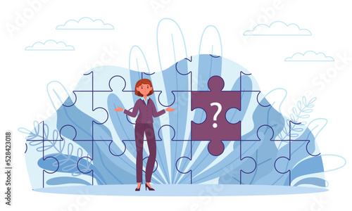 Incompleteness of picture, missing part, question sign. Woman collects puzzle, unsolved problem, find lost element to complete, unfinished work. Vector cartoon flat business concept