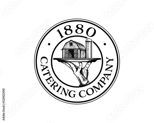 Carrying tray with barn farm above it illustration hand drawn sign symbol vintage logo vector