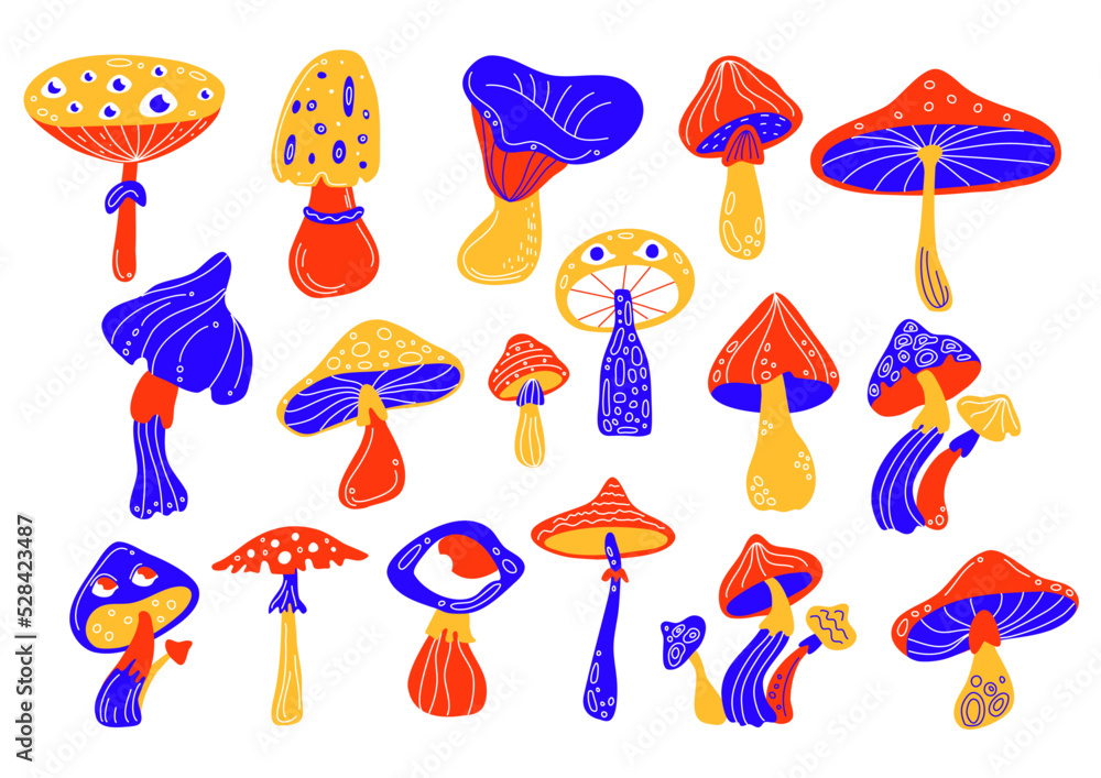 Psychedelic colored mushrooms. Mystical groovy plants, flamboyant hallucinogenic objects, acid hippie food, hand drawn fungus and toadstools, 60s retro swanky vector cartoon flat set Psychedelic colored mushrooms. Mystical groovy plants, flamboyant hallucinogenic objects, acid hippie food, hand drawn fungus and toadstools, 60s retro swanky vector cartoon flat set