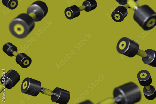 3D rendering of metal realistic sports equipment on a yellow background. Flying scattered dumbbells. Background or banner for a gym or studios for sports. Minimalist and realistic style.
