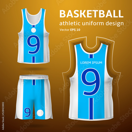 Realistic basketball uniform. T-shirt and shorts design, command sport game, players clothes templates, back and front view, white and blue colors mockup, 3d objects, utter vector concept