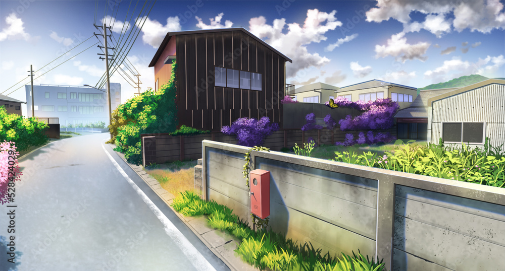 Fototapeta premium Anime Style Background-Peaceful Alley in Japan, Digital painting, Illustration, afternoon