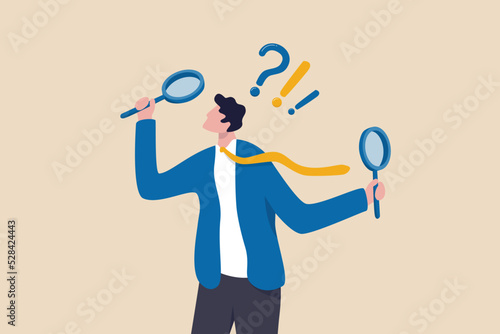 Observation or examination, curiosity to discover secret, search or analyze information, investigate or research concept, curious businessman holding magnifying glass observe data with question mark. photo
