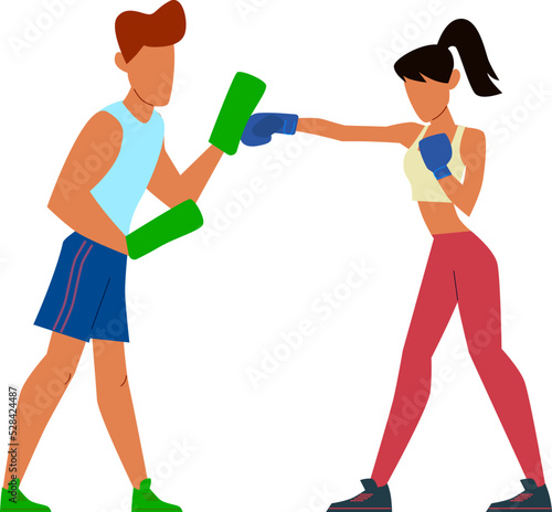 Woman boxing in gloves with combat instructor. Fight training
