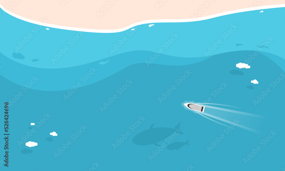 White speed boat travel floating water transport route path way in ocean blue sea with clouds and shadow fish whale underwater in summer season sand beach top view flat vector design.