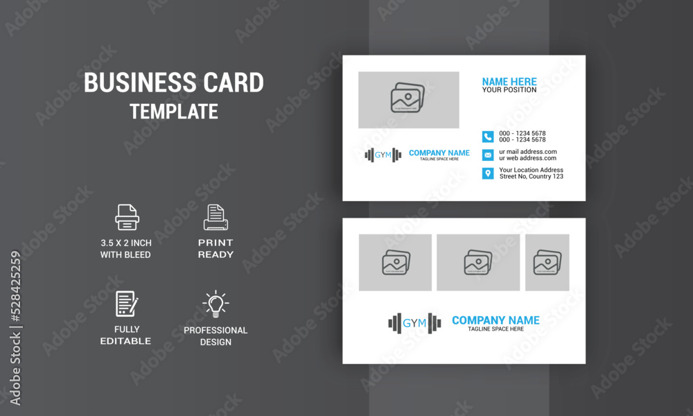Gym Company Business Card Design. Card Design. Photos & Vector Standard Template