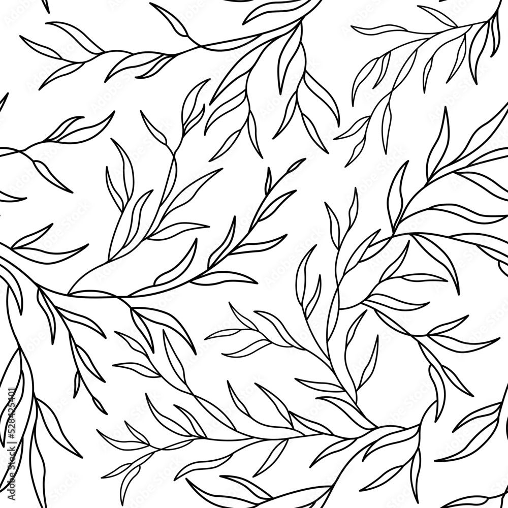 Fototapeta premium Elegant seamless vector pattern in line art style with branches and leaves for invitations, cards, print, gift wrapping, manufacturing, textile, fabric, wallpaper