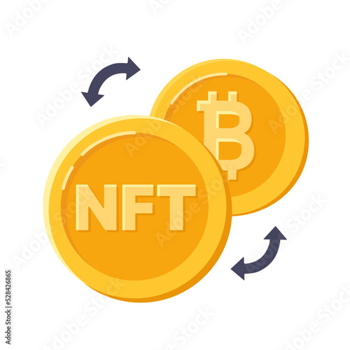 NFT technology, bitcoin coins. Blockchain technology Ether, cashless exchange. Vector illustration.