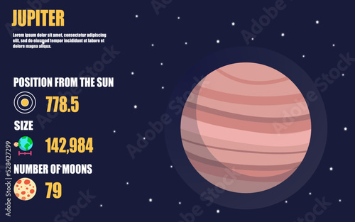 Jupiter planet infographic including planet size, position from sun, moons on outer space background 
