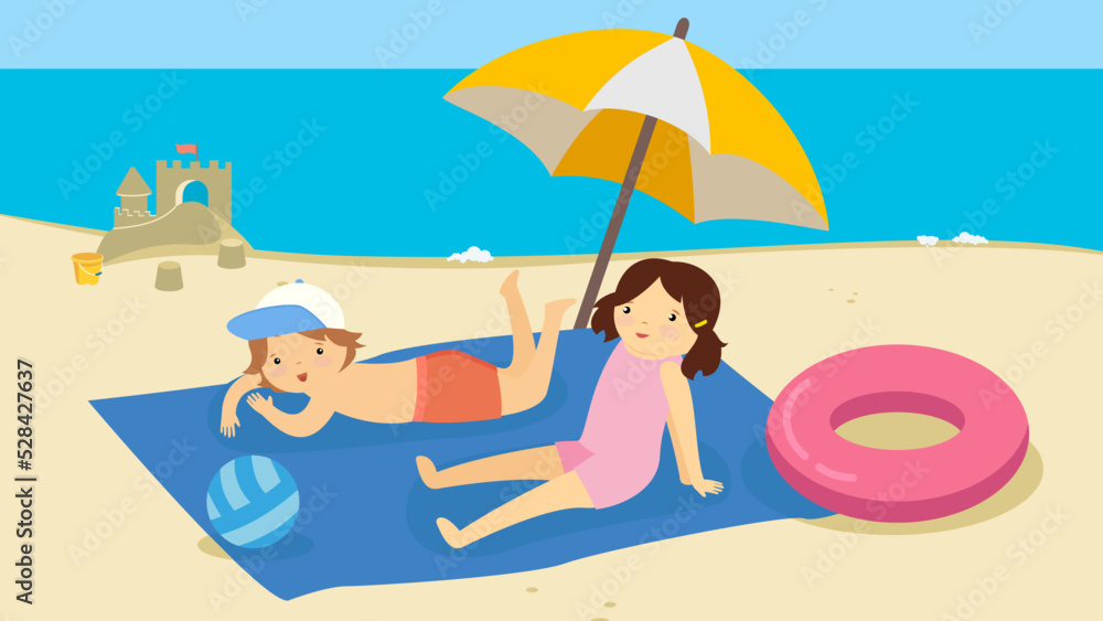 Children sunbathing on the beach under an umbrella, illustration