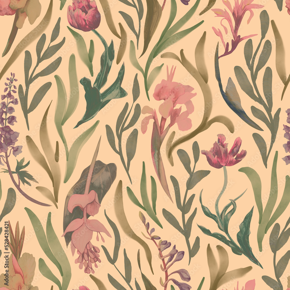 Fototapeta premium Tropical seamless floral pattern. Print with watercolor flowers and leaves